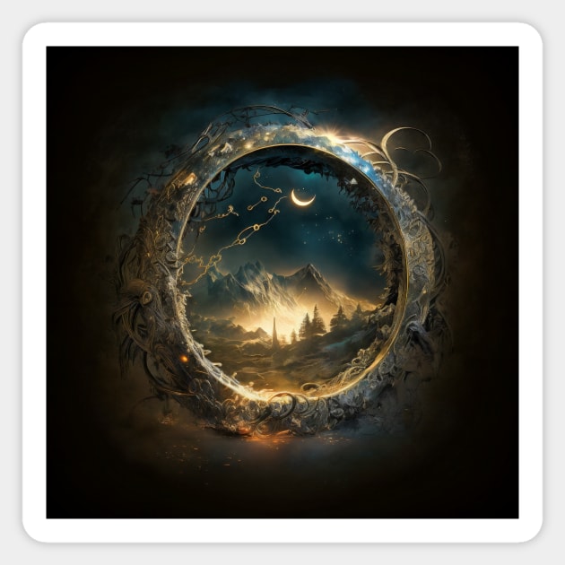 One Ring Portal View of Mountains and Forest Under A Night Sky Sticker by entwithanaxe